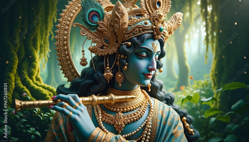 Fototapeta premium Divine Krishna Playing Flute in Enchanted Forest