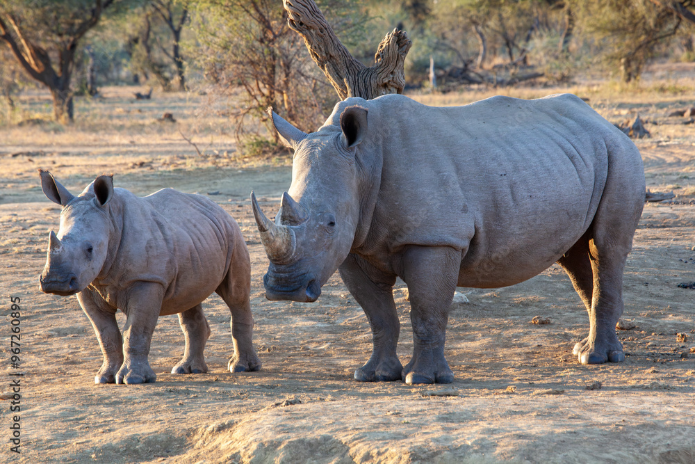 Naklejka premium White Rhino with baby