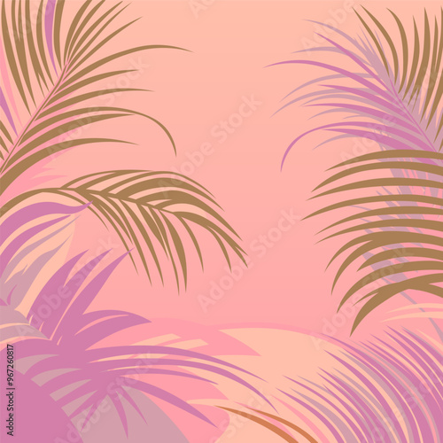 Palm leaves background vector illustration, Peach fuzz color of the year 2024. Abstract and flat style background, tropical summer plants and leaves