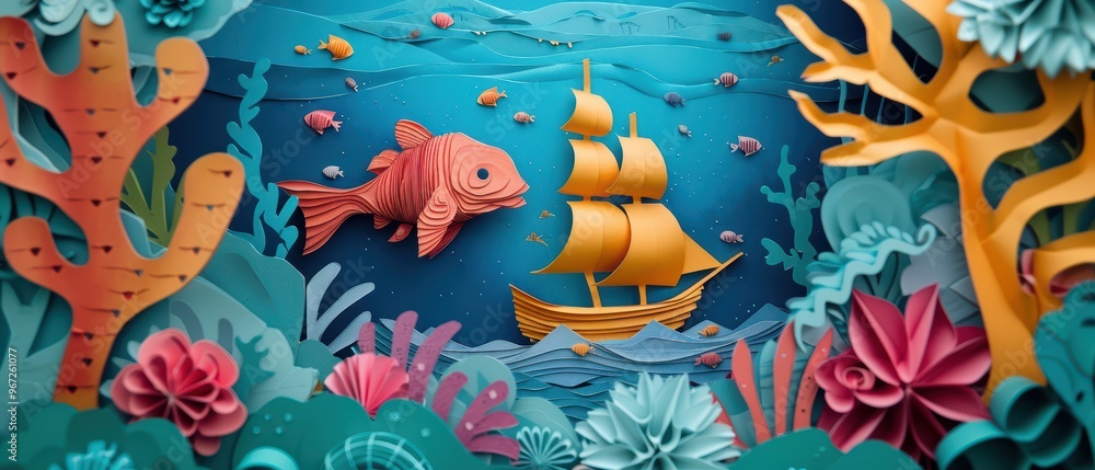Whimsical underwater scene with a vibrant fish and a sailing ship amidst colorful coral and sea plants. Whimsical underwater scene with a vibrant fish and a sailing ship amidst colorful coral and sea plants.