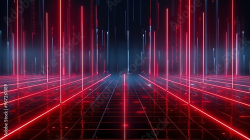 Futuristic digital landscape featuring glowing red and blue lines, creating a dynamic and immersive high-tech environment. Stage for product presentation.