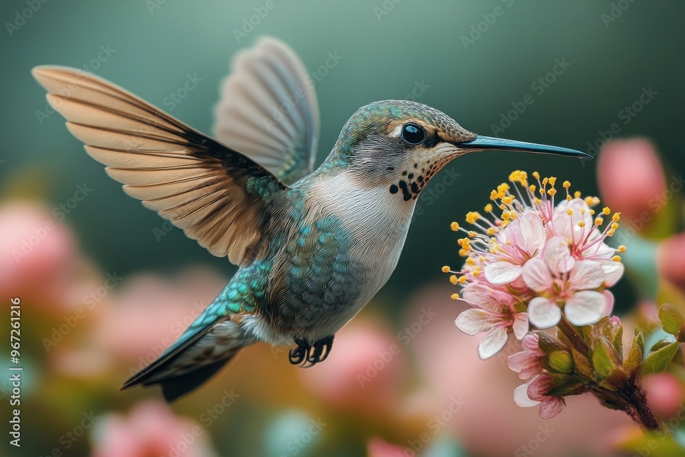 Fototapeta premium Hummingbird in Flight with Floral Background