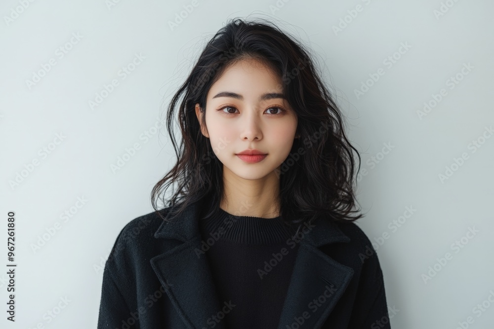 A Japanese woman standing in front of a white backdrop, both hands tucked into her coat pockets, exuding calm confidence. A Japanese woman standing in front of a white backdrop, both hands tucked into her coat pockets, exuding calm confidence.
