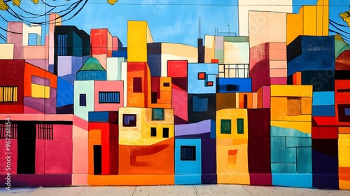 Colorful Abstract Cityscape Mural on Wall