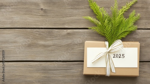 Celebrate the arrival of 2025 with a new year's notepad and decorative plant on a rustic wooden table