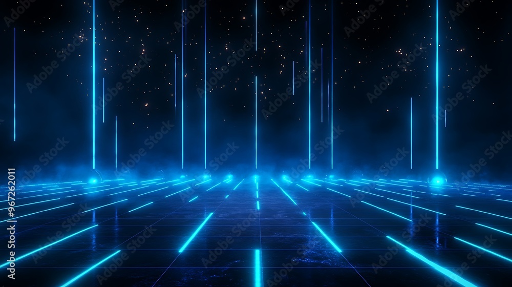 Futuristic digital landscape with blue neon lights and a starry background, perfect for technology and sci-fi themes. Stage for product presentation. Futuristic digital landscape with blue neon lights and a starry background, perfect for technology and sci-fi themes. Stage for product presentation.