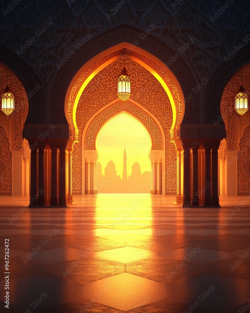Golden Sunset View Through Ornate Arches of a Mosque Golden Sunset View Through Ornate Arches of a Mosque