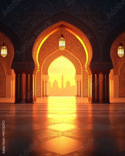 Golden Sunset View Through Ornate Arches of a Mosque