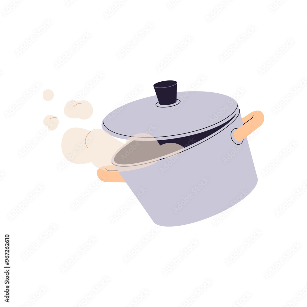 Obraz premium Metal pot with lid. Pan with steam. Saucepan, casserole. Kitchen utensil, cookware to boil soup, preparing food. Kitchenware for cooking eating. Flat isolated vector illustration on white background