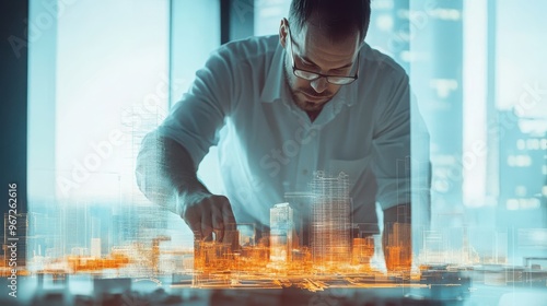 Architect analyzing a scale model, urban landscape interwoven with technical blueprints, highlighting innovative design concepts and spatial relationships. photo