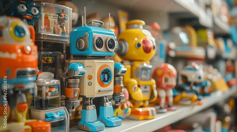 Fototapeta premium Vintage Robot Toy on Shelf with Other Toys