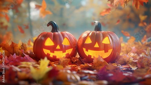 Smiling Jack O Lantern Pumpkins in Autumn Leaves