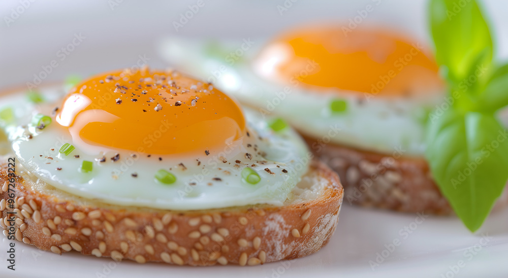 Two eggs on a piece of toast with a sprinkle of pepper Two eggs on a piece of toast with a sprinkle of pepper