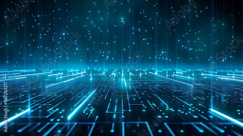 Wallpaper Mural Futuristic digital landscape with glowing blue lines and particles, representing technology and data in motion. Stage for product presentation. Torontodigital.ca