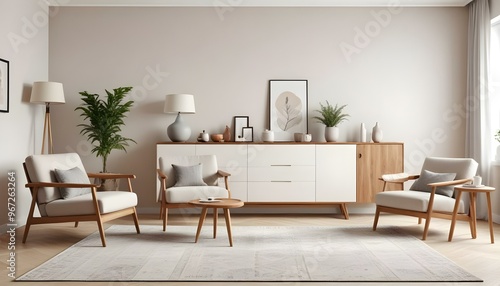 Photo modern style interior room 3d illustration Interior,Kitchen,Washrooms frame living room with colorful white sofa,led with blank frame