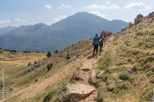 Couple of hikers in the Sierra Partacua. Tena Valley. Huesca, Aragon