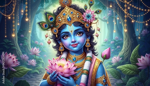 Young Lord Krishna with Lotus in Enchanted Forest