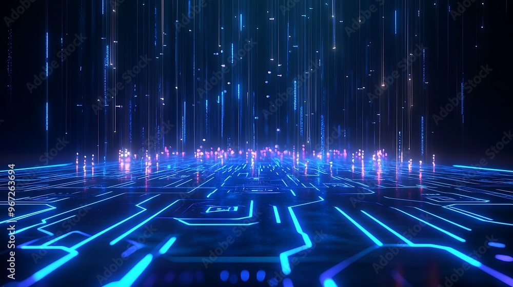 Futuristic digital landscape with glowing circuits and cascading light effects, ideal for technology and innovation themes. Stage for product presentation. Futuristic digital landscape with glowing circuits and cascading light effects, ideal for technology and innovation themes. Stage for product presentation.