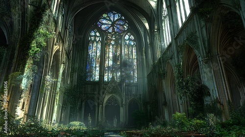 Overgrown Cathedral Interior With Stained Glass Window