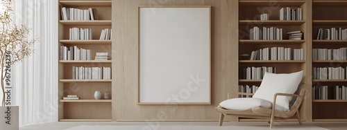 A mockup of an empty, blank poster frame in a modern interior