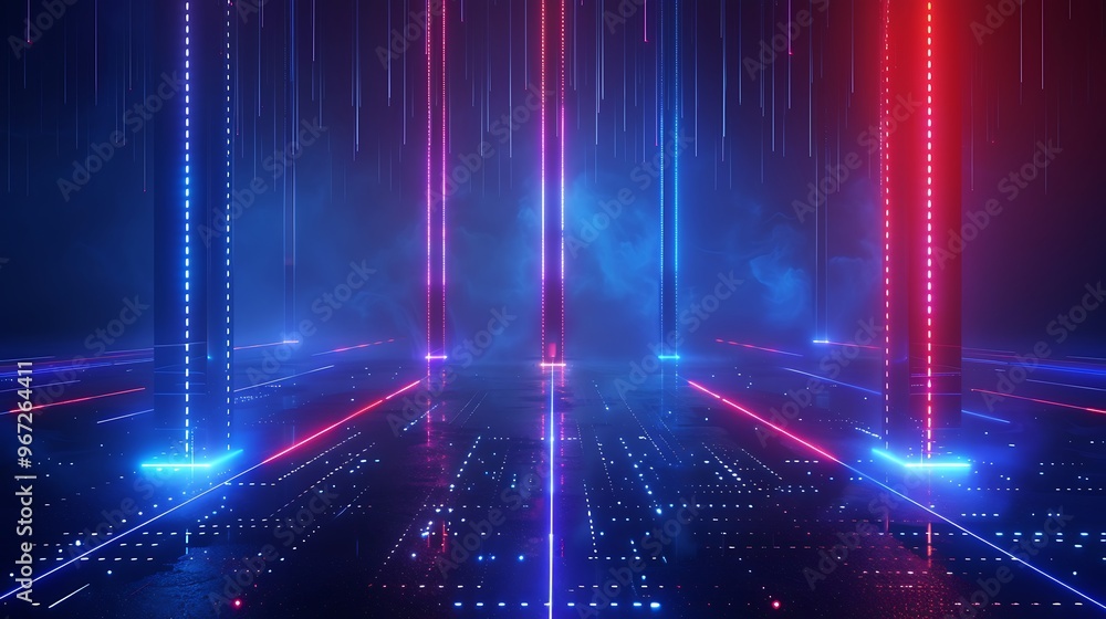 Futuristic digital landscape with glowing lines and a misty background, ideal for technology, gaming, or sci-fi themes. Stage for product presentation. Futuristic digital landscape with glowing lines and a misty background, ideal for technology, gaming, or sci-fi themes. Stage for product presentation.