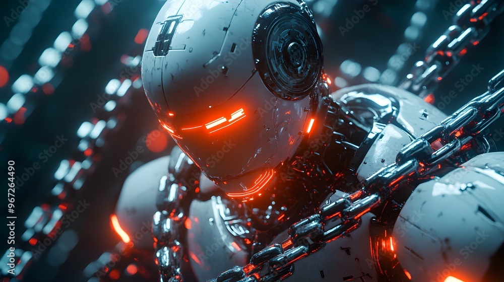 A futuristic AI robot, bound in thick, glowing chains, symbolizing its struggle with intellectual property laws. The chains are embedded with complex legal codes A futuristic AI robot, bound in thick, glowing chains, symbolizing its struggle with intellectual property laws. The chains are embedded with complex legal codes