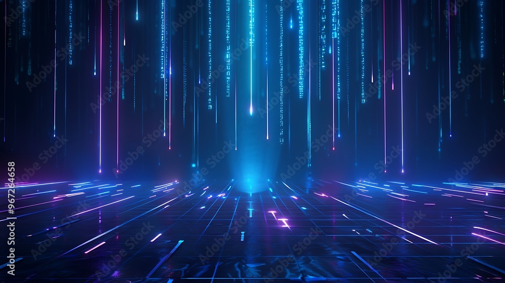 Futuristic digital landscape with glowing lines and cascading lights, perfect for technology and sci-fi themes. Stage for product presentation. Futuristic digital landscape with glowing lines and cascading lights, perfect for technology and sci-fi themes. Stage for product presentation.