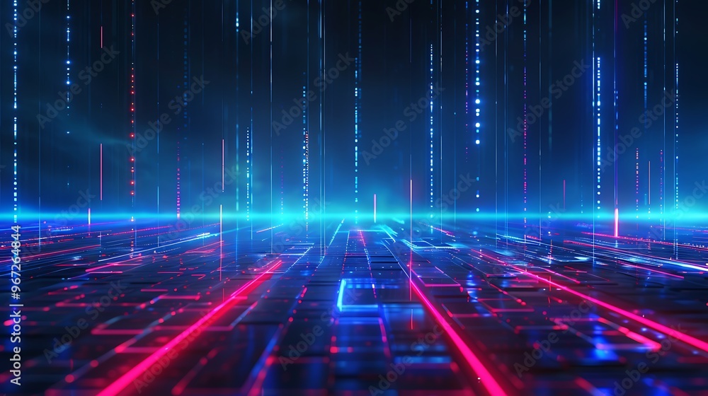 Futuristic digital landscape with glowing lines and data streams in blue and red colors. Perfect for technology and sci-fi themes. Stage for product presentation. Futuristic digital landscape with glowing lines and data streams in blue and red colors. Perfect for technology and sci-fi themes. Stage for product presentation.