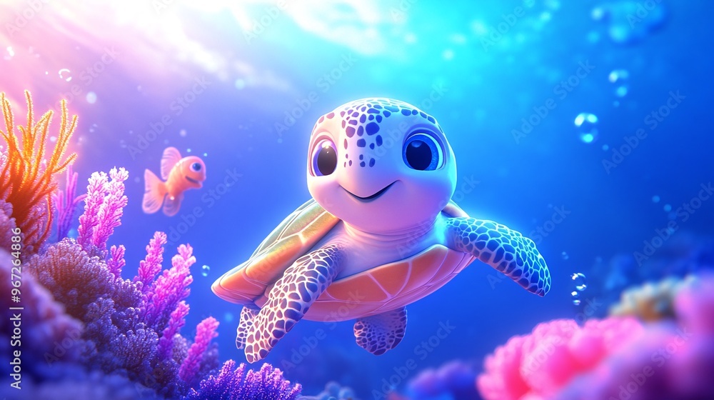 Smiling Sea Turtle Swimming Beside Fish Among Colorful Coral Reefs Underwater Smiling Sea Turtle Swimming Beside Fish Among Colorful Coral Reefs Underwater