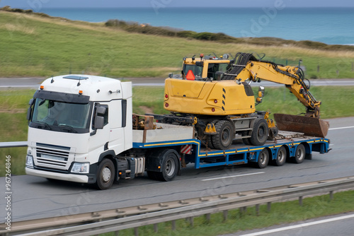 Heavy-Lift Semi-Truck Transporting Large Excavator on Flatbed Trailer