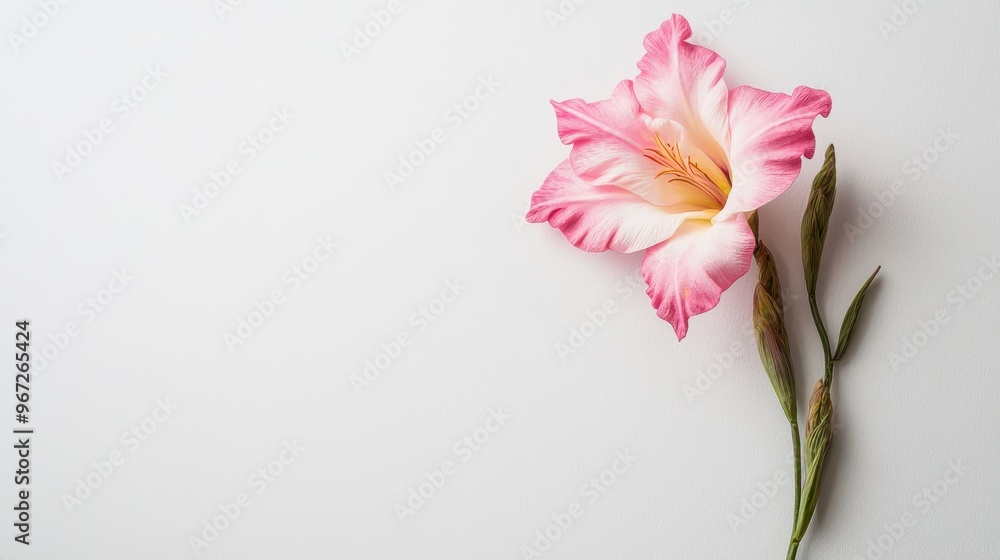 Amigurumi-style pink gladiolus flower on a white background, showcasing delicate handmade floral art with soft details. Amigurumi-style pink gladiolus flower on a white background, showcasing delicate handmade floral art with soft details.