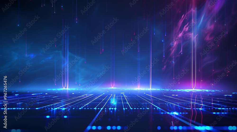Futuristic digital landscape with glowing lines and vibrant colors, ideal for presentations and technology-themed projects. Stage for product presentation. Futuristic digital landscape with glowing lines and vibrant colors, ideal for presentations and technology-themed projects. Stage for product presentation.