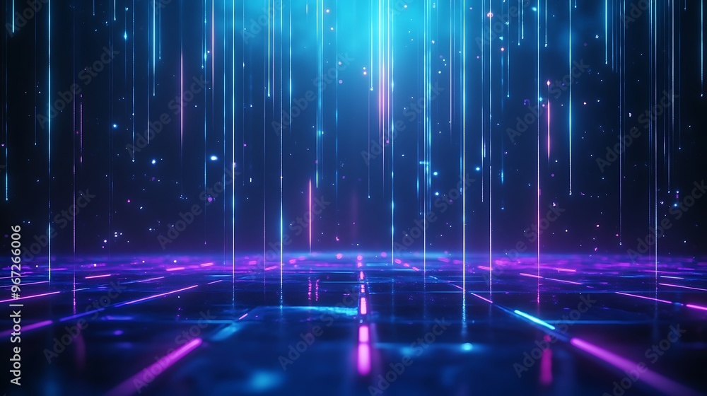 Futuristic digital landscape with glowing lines, vibrant colors, and a mesmerizing light effect reflecting a cyberpunk aesthetic. Stage for product presentation. Futuristic digital landscape with glowing lines, vibrant colors, and a mesmerizing light effect reflecting a cyberpunk aesthetic. Stage for product presentation.