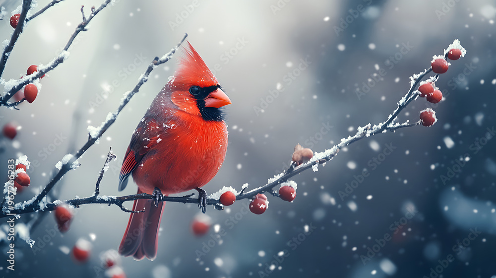 Vibrant Image of a Cardinal Bird Perched on a Branch with Bright Red Feathers Against a Cold Winter Backdrop Vibrant Image of a Cardinal Bird Perched on a Branch with Bright Red Feathers Against a Cold Winter Backdrop