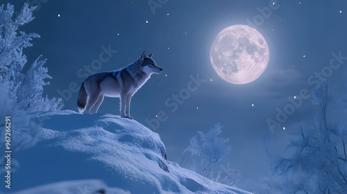 Wallpaper Mural Serene Image of a Lone Wolf Standing on a Snowy Hilltop Under a Full Moon with a Soft Glow Illuminating Its Fur Torontodigital.ca