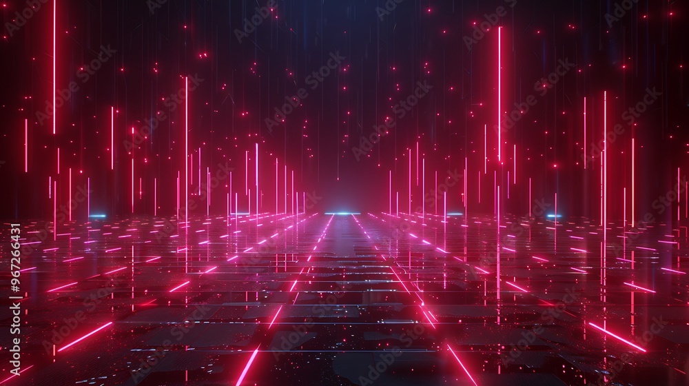 Futuristic digital landscape with glowing red lines and light effects, creating a vibrant, high-tech atmosphere. Stage for product presentation. Futuristic digital landscape with glowing red lines and light effects, creating a vibrant, high-tech atmosphere. Stage for product presentation.