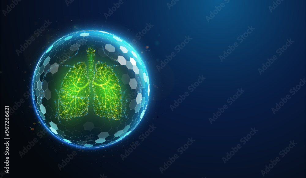Obraz premium Protected human lungs vector illustration made of neon particles. Human lungs health care concept art in modern abstract style consists of colorful dots.