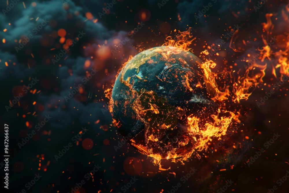 A fiery planet Earth surrounded by swirling flames against a dark, stormy background, depicting a dramatic cosmic scene A fiery planet Earth surrounded by swirling flames against a dark, stormy background, depicting a dramatic cosmic scene