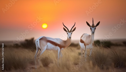 Graceful gazelle couple grazing under a sunset