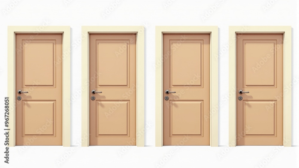 Four Closed Beige Wooden Doors in a White Hallway – Modern Architecture and Interior Design Concept Four Closed Beige Wooden Doors in a White Hallway – Modern Architecture and Interior Design Concept