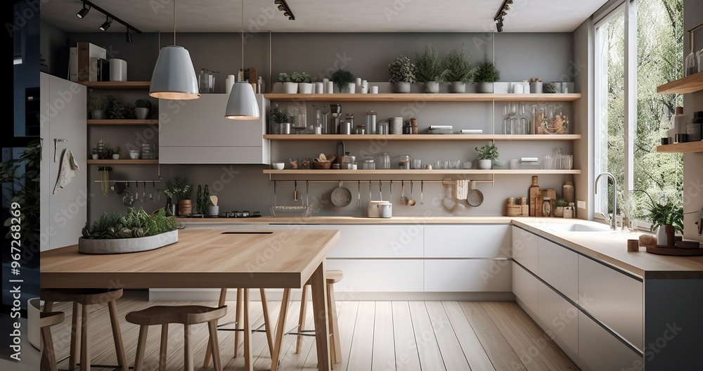 Modern kitchen interior design with wood and white shelves Modern kitchen interior design with wood and white shelves