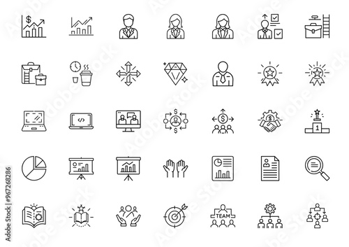 Business graphs charts people work-related activities icon set