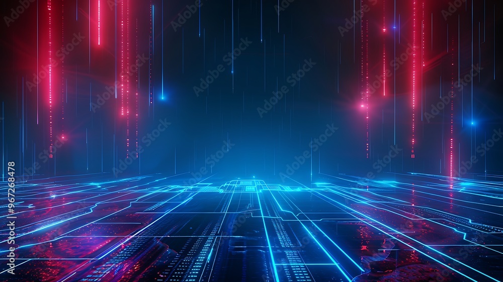 Futuristic digital landscape with vibrant neon lights and intricate grid patterns, creating a sense of depth and technology. Stage for product presentation. Futuristic digital landscape with vibrant neon lights and intricate grid patterns, creating a sense of depth and technology. Stage for product presentation.