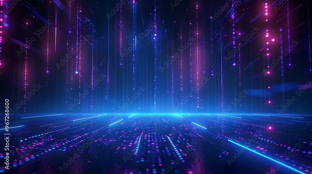 Futuristic digital landscape with vibrant neon lights, creating a visually stunning backdrop for technology and innovation imagery. Stage for product presentation. Futuristic digital landscape with vibrant neon lights, creating a visually stunning backdrop for technology and innovation imagery. Stage for product presentation.