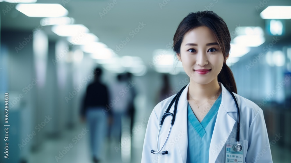Happy asian young doctor woman in hospital interior. Neural network ai generated art Happy asian young doctor woman in hospital interior. Neural network ai generated art