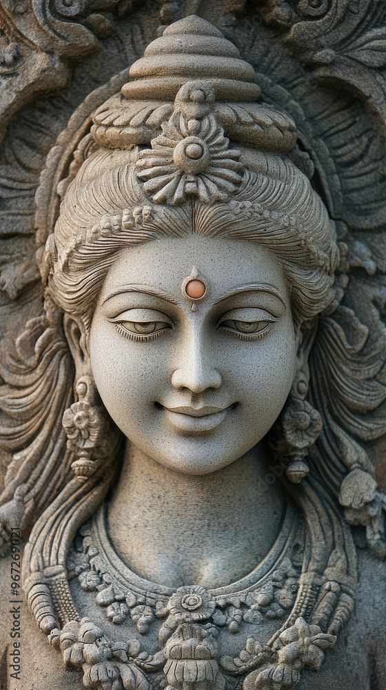 Goddess Parvati with serene smile, beautifully carved in stone, exudes tranquility and grace. This exquisite sculpture captures divine beauty and spiritual essence Goddess Parvati with serene smile, beautifully carved in stone, exudes tranquility and grace. This exquisite sculpture captures divine beauty and spiritual essence