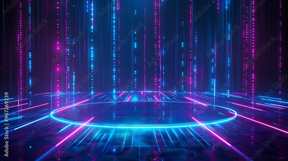 Futuristic digital space with vibrant blue and pink neon lights, creating a mesmerizing backdrop for technology and innovation themes. Stage for product presentation. Futuristic digital space with vibrant blue and pink neon lights, creating a mesmerizing backdrop for technology and innovation themes. Stage for product presentation.