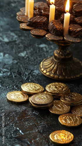 Delight in festive spirit with beautifully arranged Hanukkah dreidel and chocolate gelt coins, surrounded by flickering candlelight, creating warm and inviting atmosphere photo