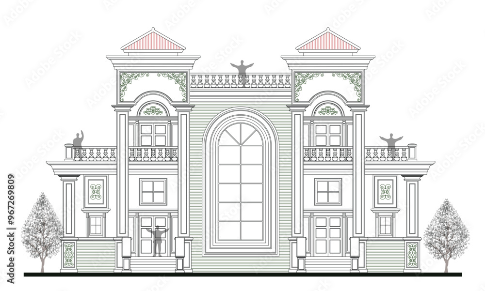 Naklejka premium Technical drawing of front view of 2 storeys classic house with 6 columns, 2 stairs, small and big windows, balustrade, 2 symmetrical crowns and roof.