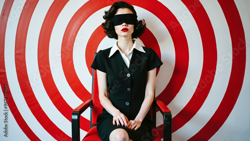 A woman deprived of sight sits at the center of a symbolic target — an enigmatic image of mental constraint, suggestion, and fragmented identity.
